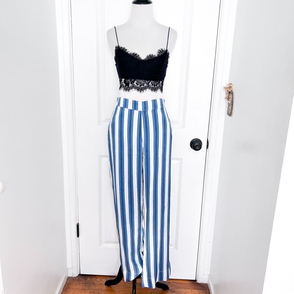 Asceno Blue and White Striped Wide Leg Silk Pants